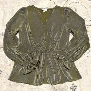 Chenault Women M Green Metallic Peplum‎ Bishop Sleeve Blouse Party Holiday Event